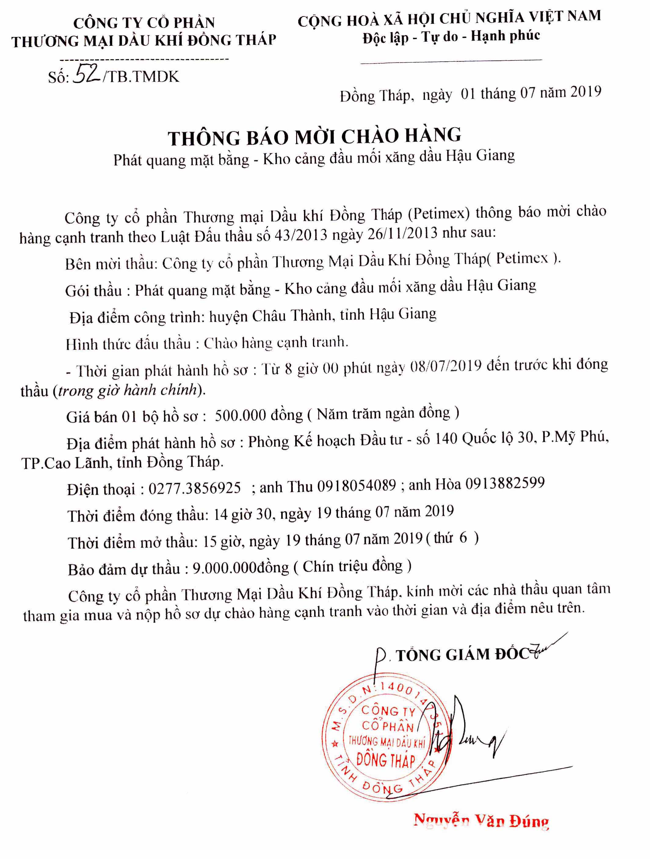 Thông báo mời chào hàng 
“ phát quang mặt bằng - kho cảng đầu mối xăng dầu hậu giang” (01/07/2019)