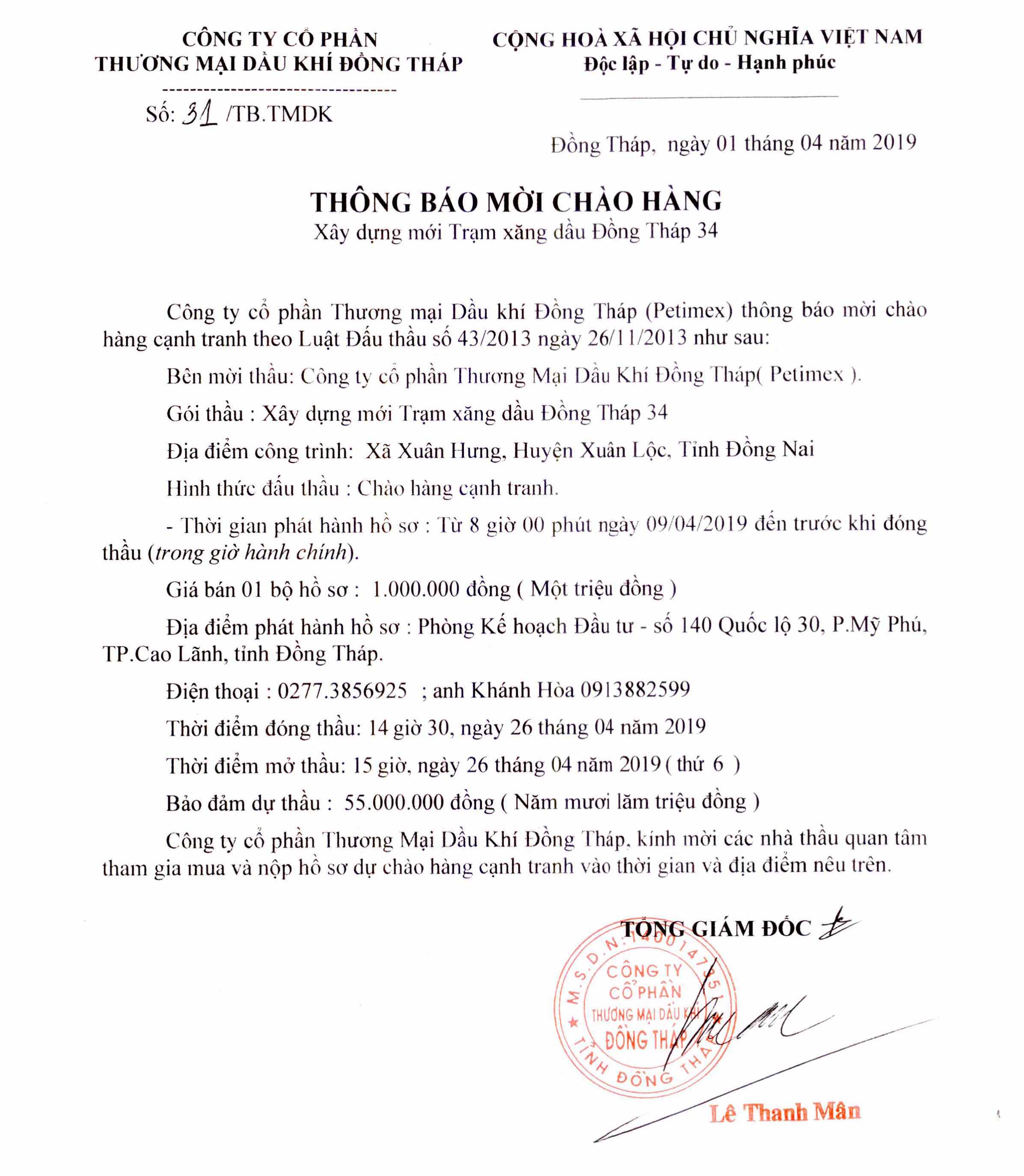 Thông báo mời chào hàng (04/04/2019)