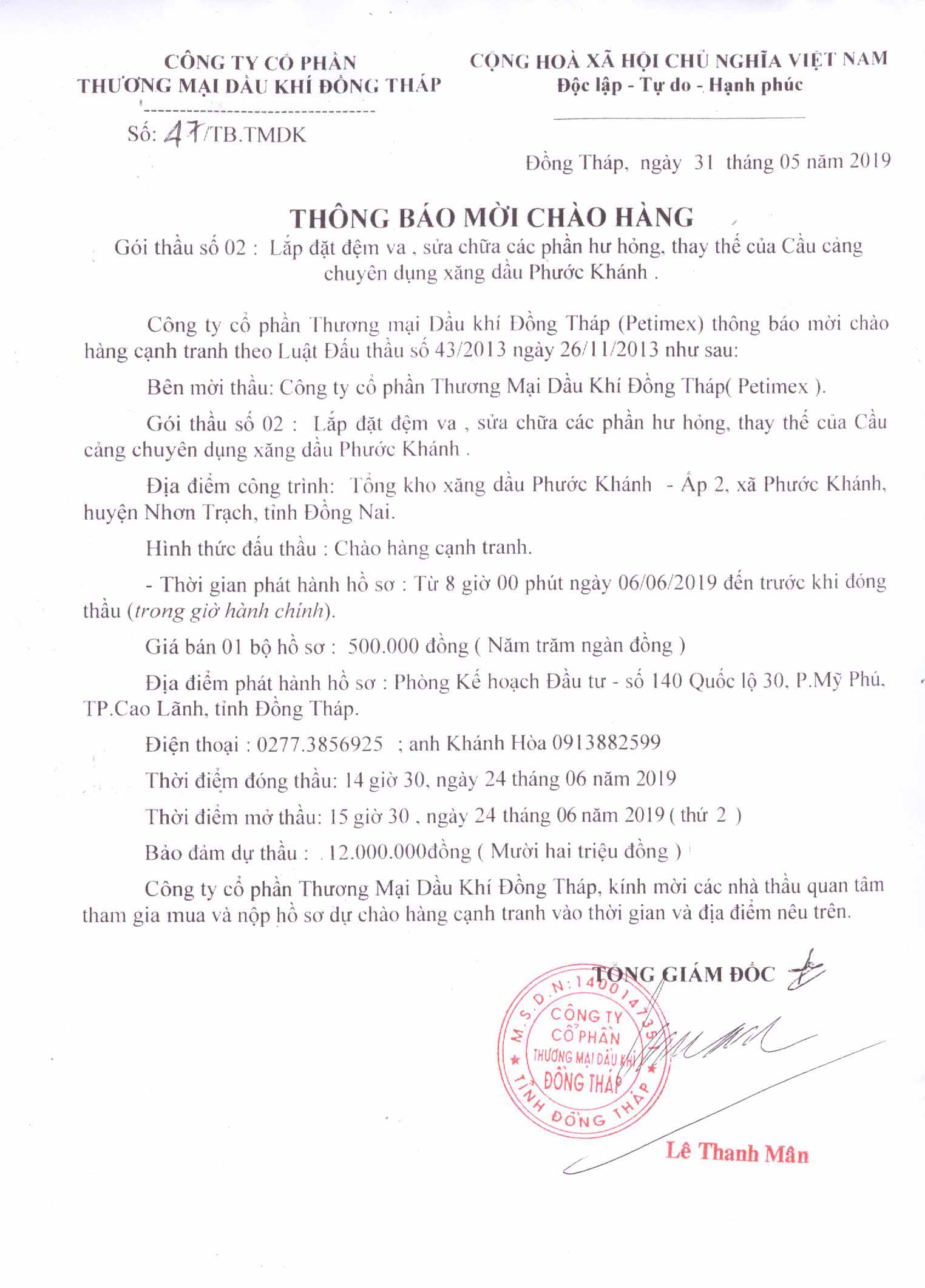 Thông báo mời chào hàng (04/06/2019)