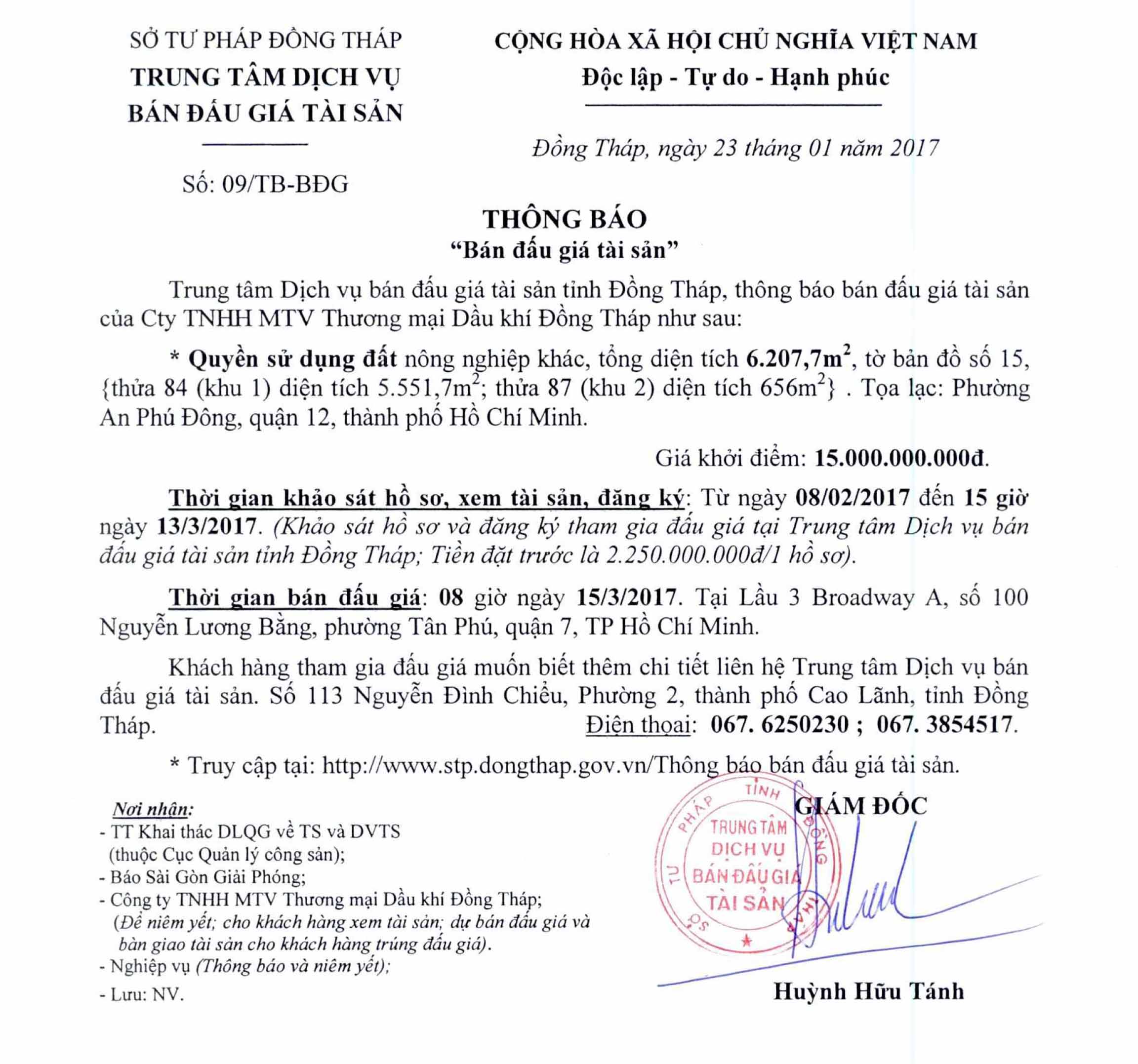 Thông báo bán đấu giá tài sản của công ty tnhh mtv thương mại dầu khí đồng tháp. (08/02/2017)