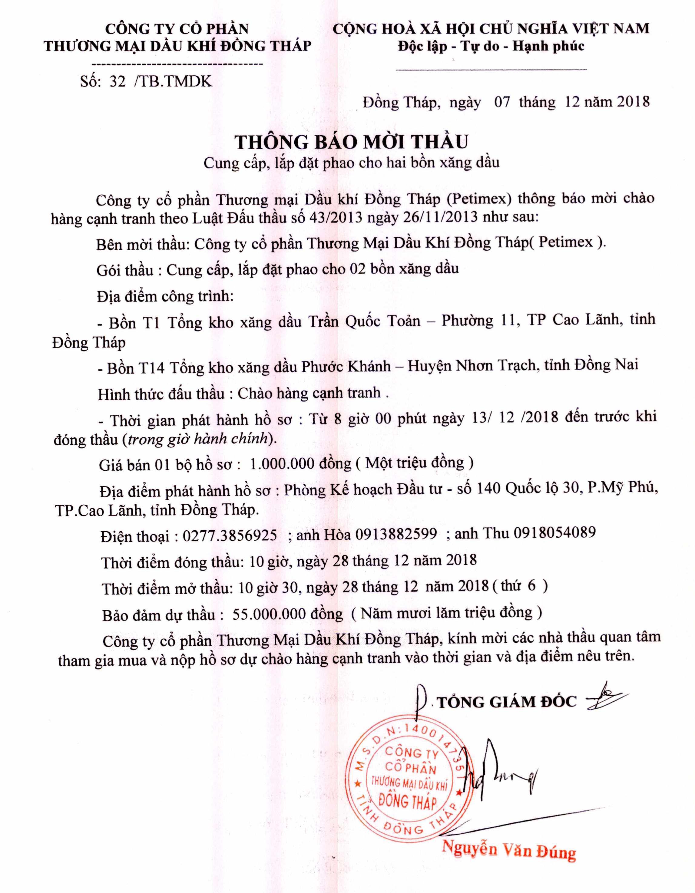 Thông báo mời thầu (12/12/2018)