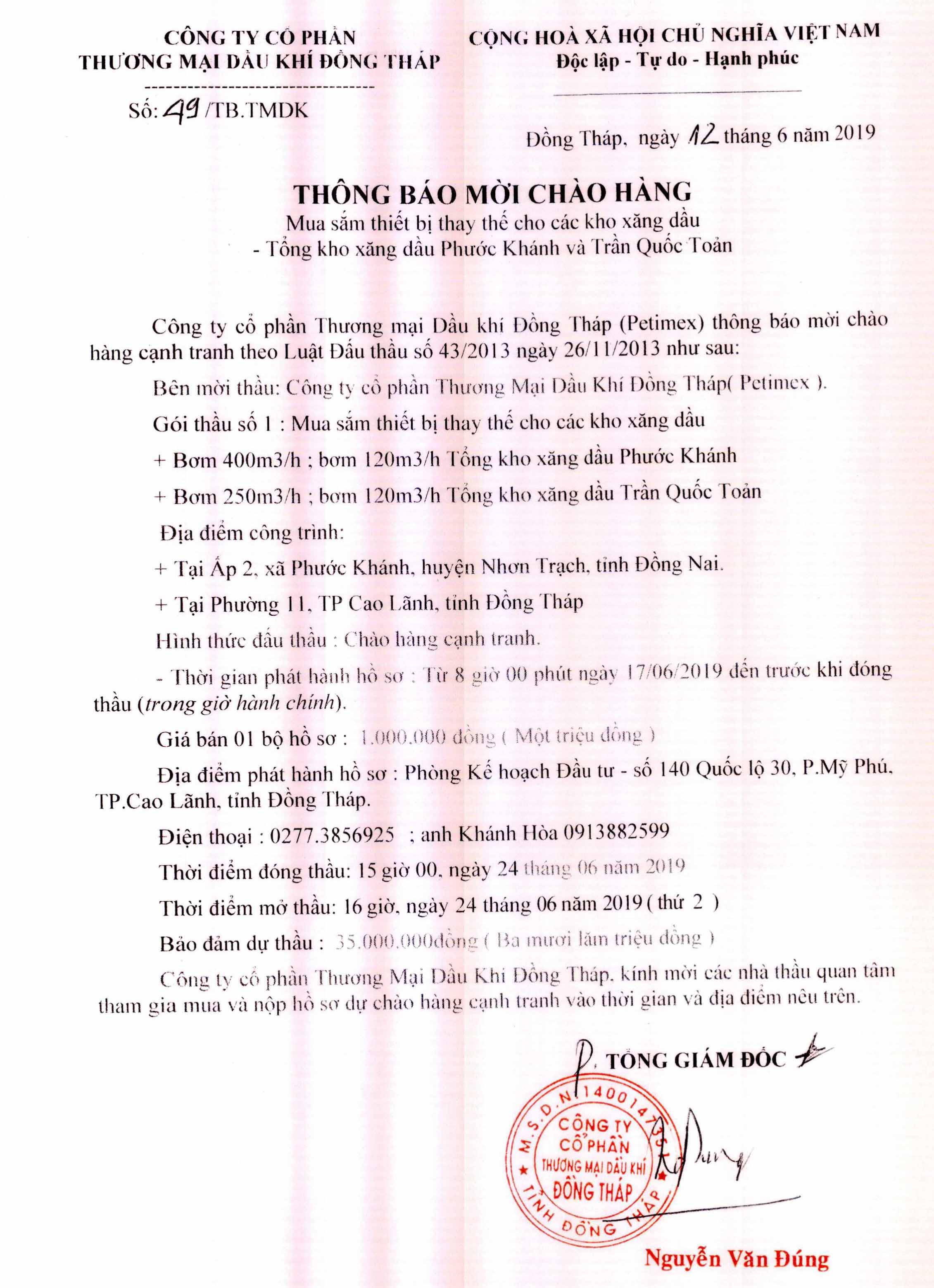 Thông báo mời chào hàng (12/06/2019)