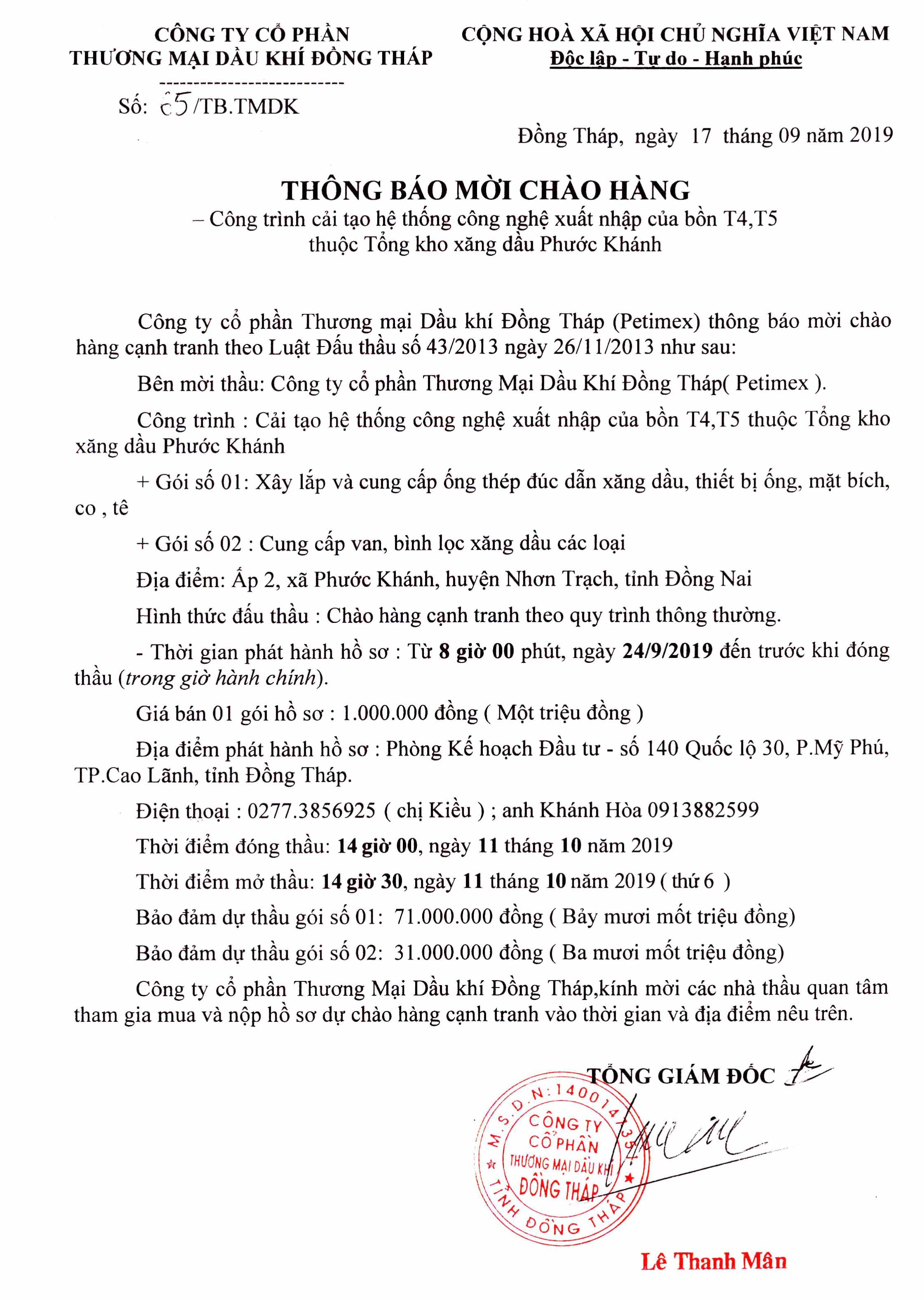 Thông báo mời chào hàng
(18/09/2019)