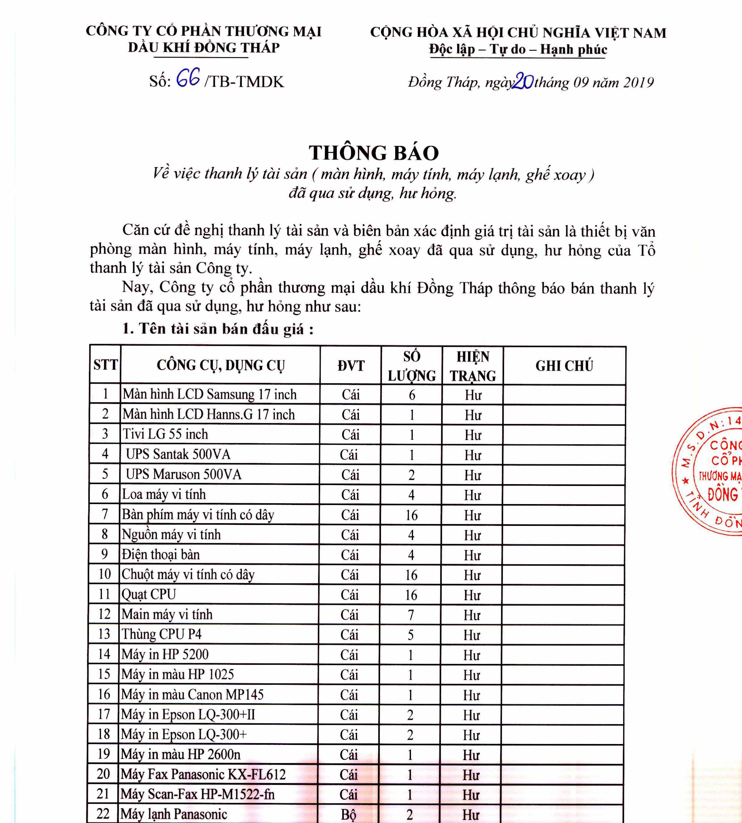 Thông báo thanh lý tài sản (20/09/2019)