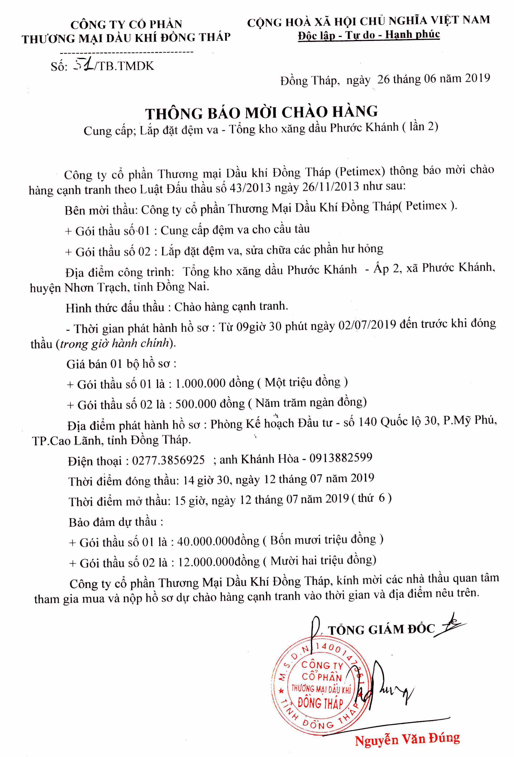 Thông báo mời chào hàng (27/06/2019)