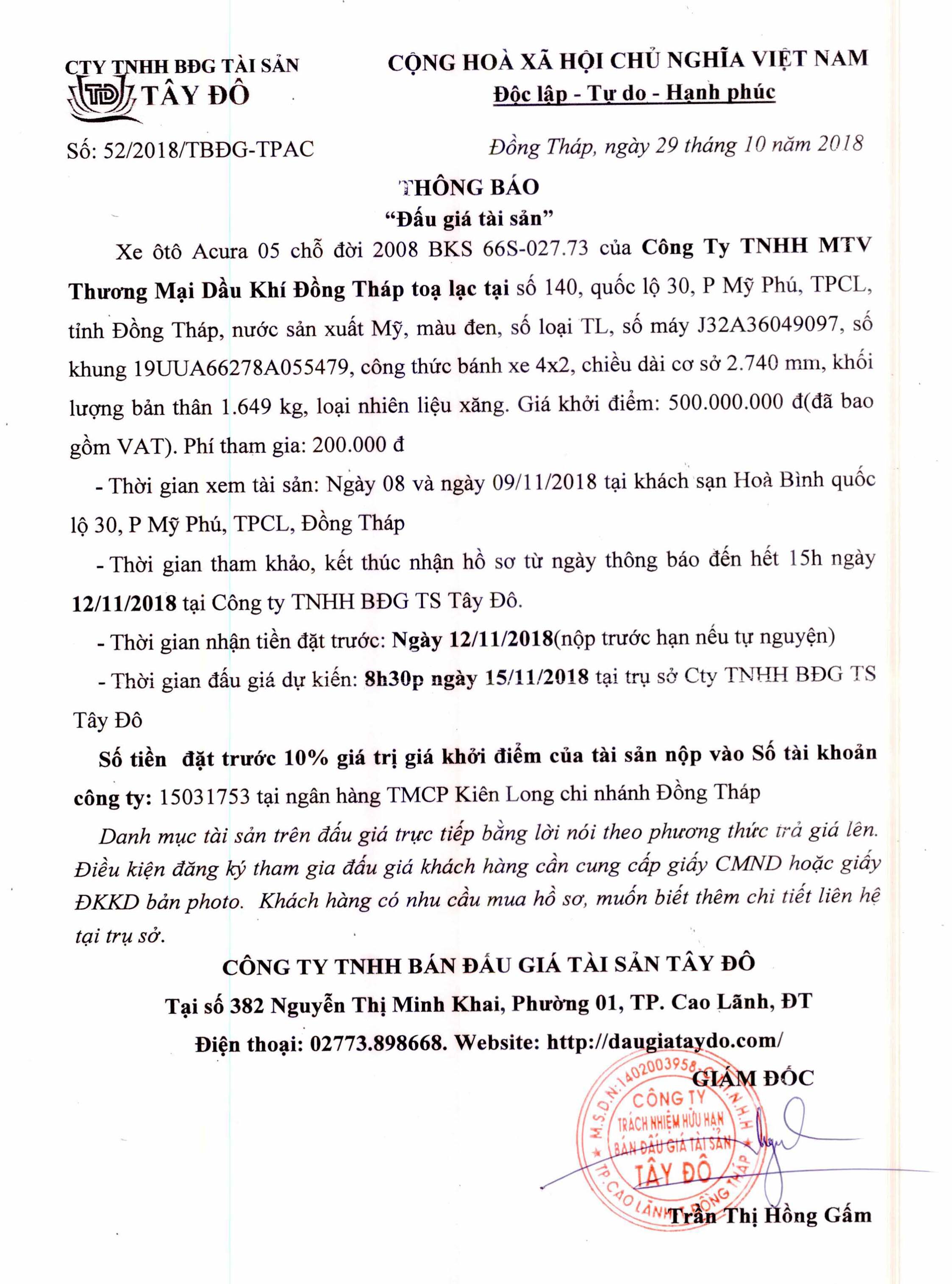 Thông báo đấu giá tài sản xe ô tô đã qua sử dụng (29/10/2018)