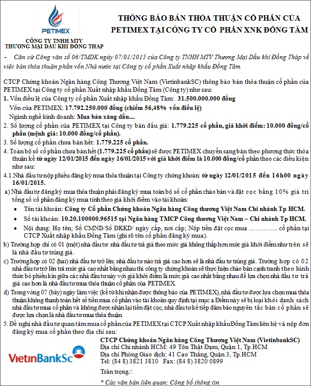 Thông báo bán thỏa thuận cổ phần của petimex tại công ty cổ phần xnk đồng tâm (13/12/2014)