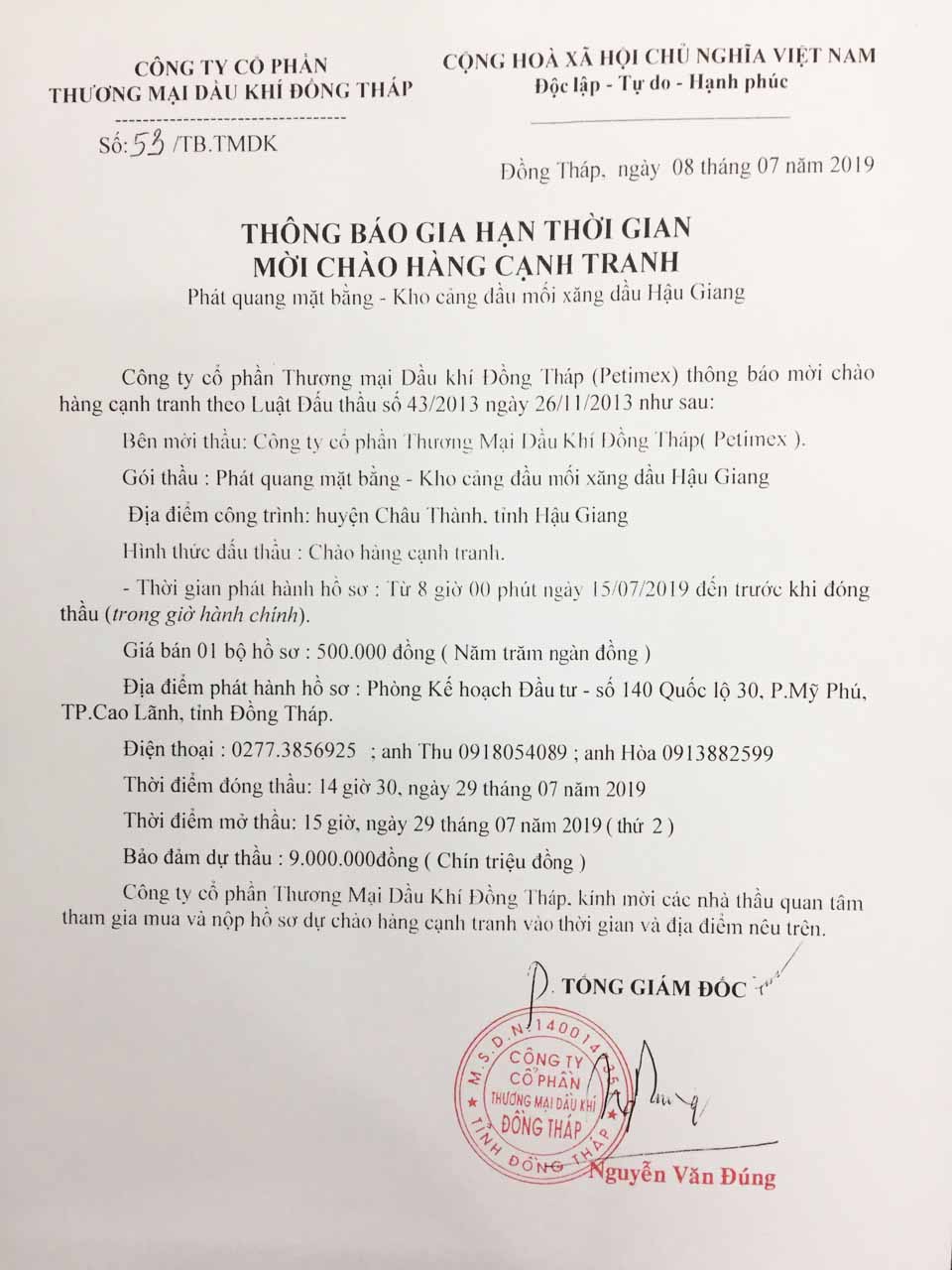 Thông báo gia hạn thời gian mời chào hàng cạnh tranh (08/07/2019)