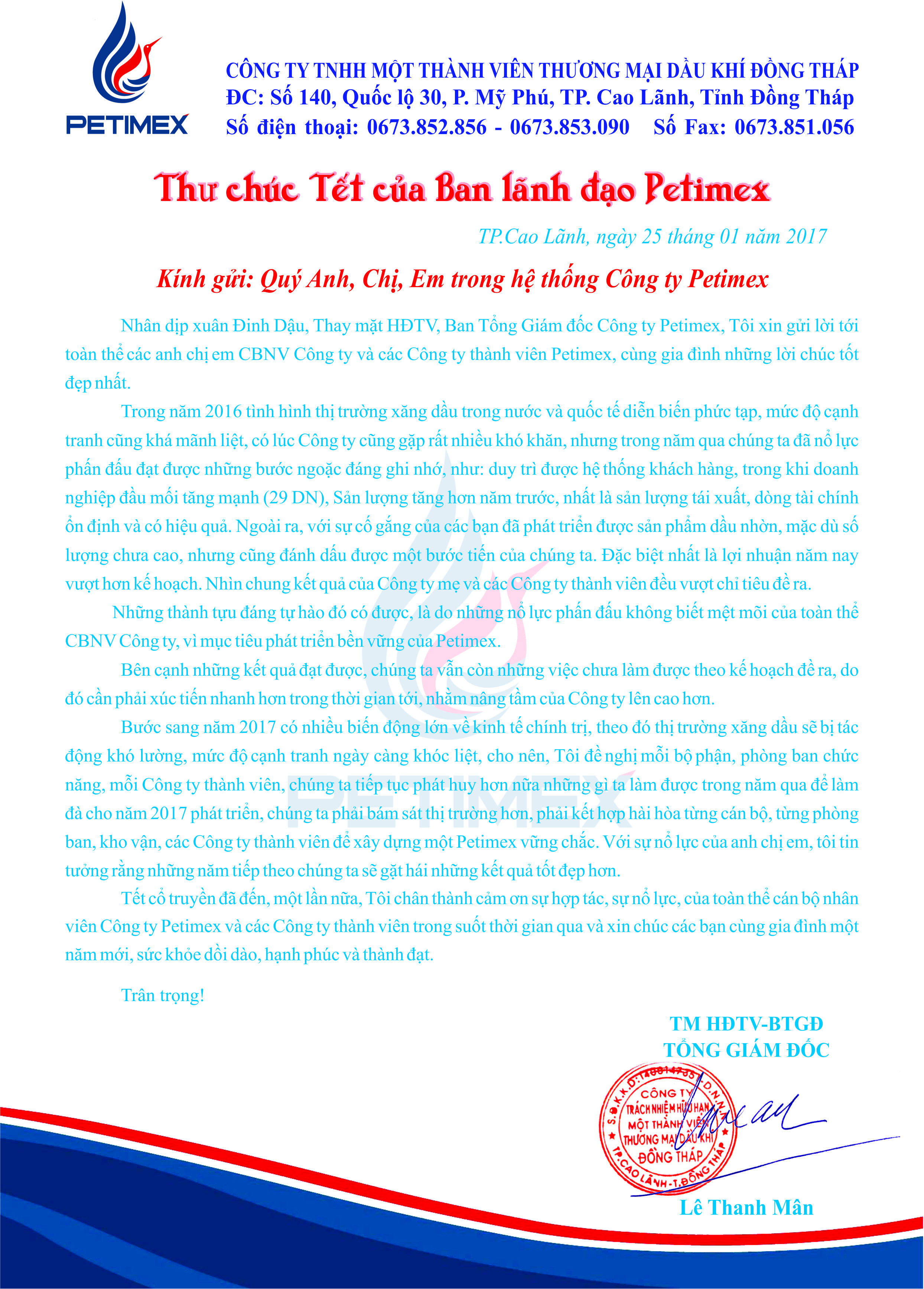 Thư chúc tết xuân đinh dậu 2017 của ban lãnh đạo công ty tnhh mtv thương mại dầu khí đồng tháp (petimex) (28/01/2017)