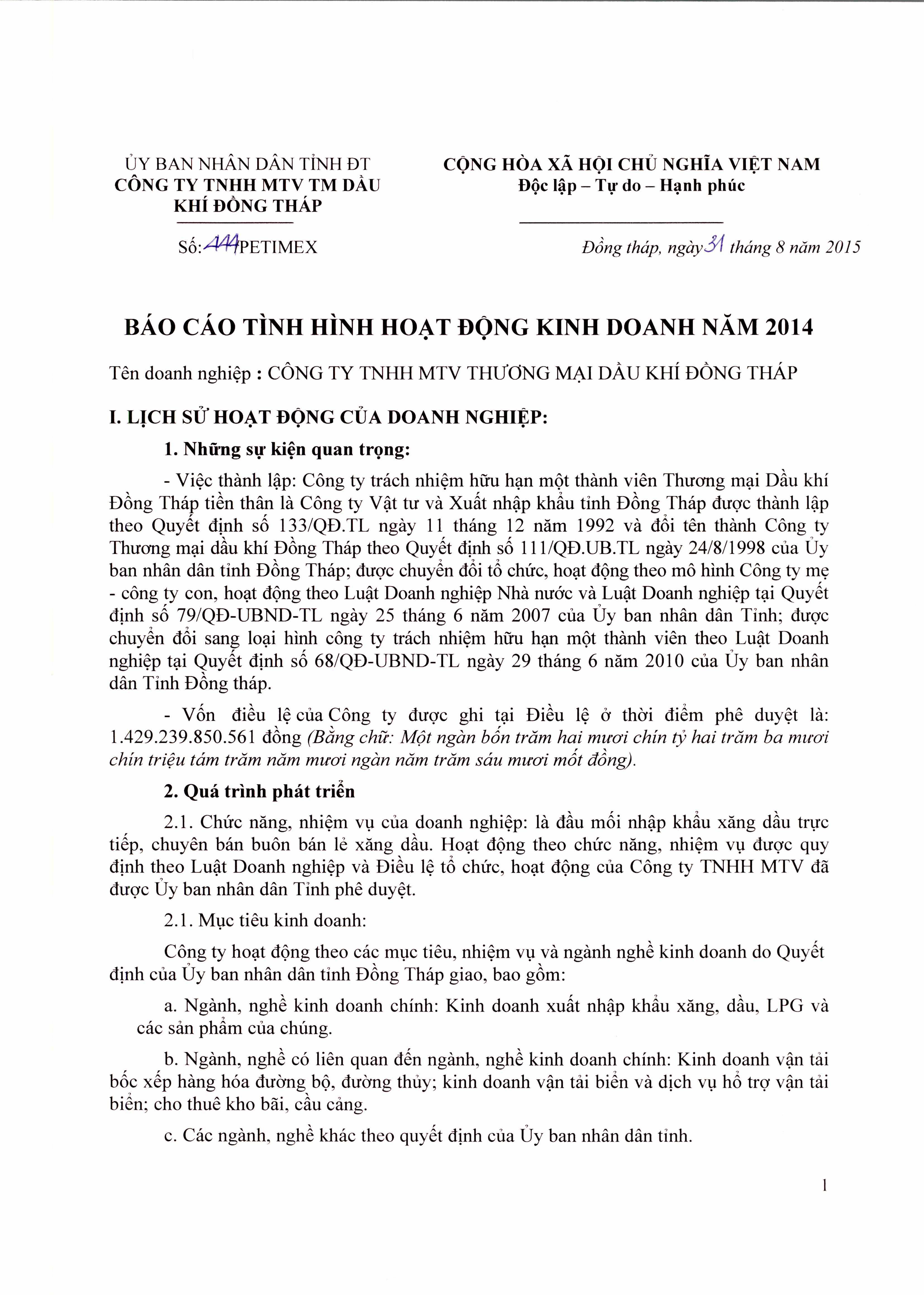 BÁO CÁO TÌNH HÌNH HOẠT ĐỘNG KINH DOANH NĂM 2014 (09/09/2015)