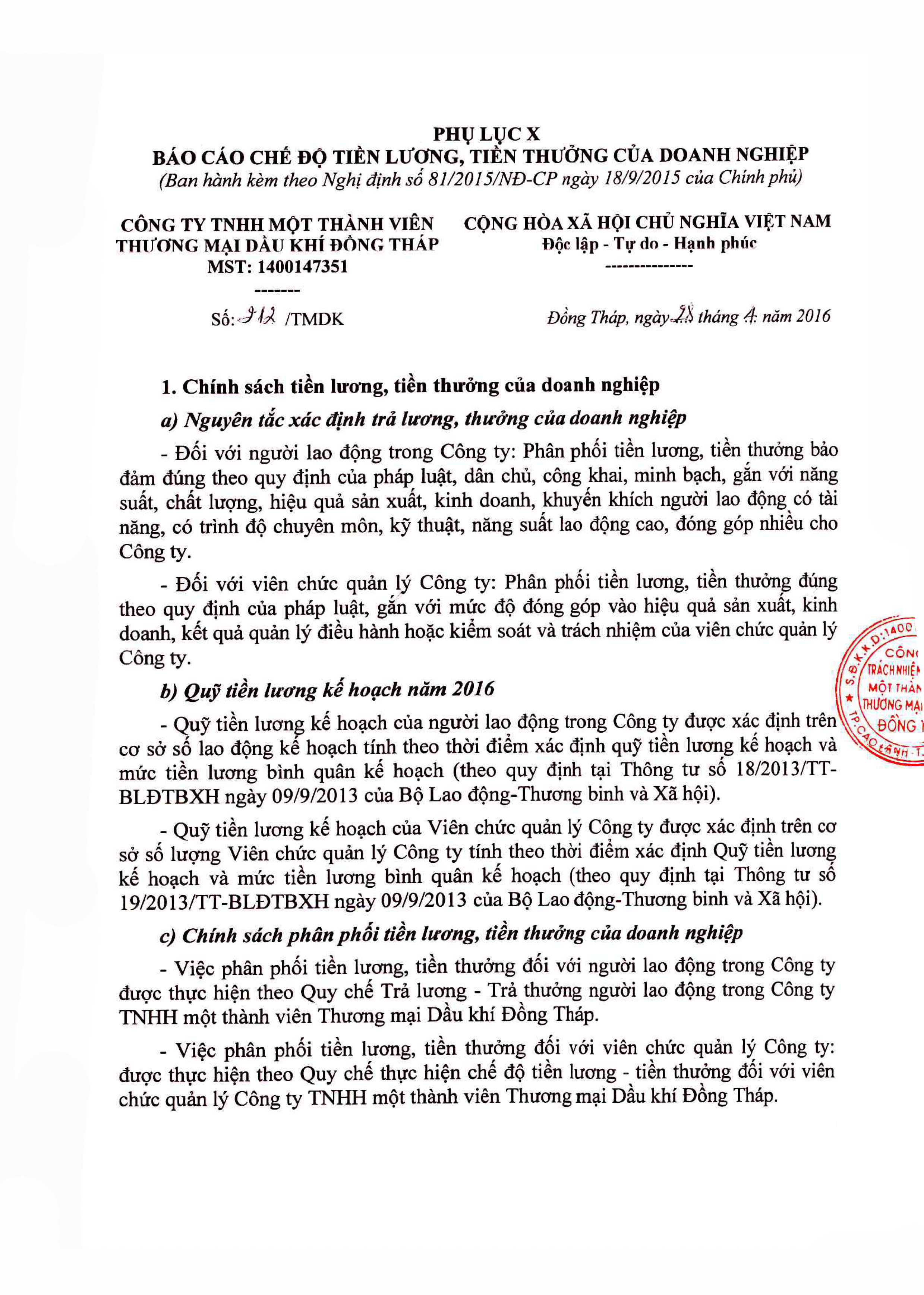 BÁO CÁO CHẾ ĐỘ TIỀN LƯƠNG, TIỀN THƯỞNG CỦA DOANH NGHIỆP (29/04/2016)